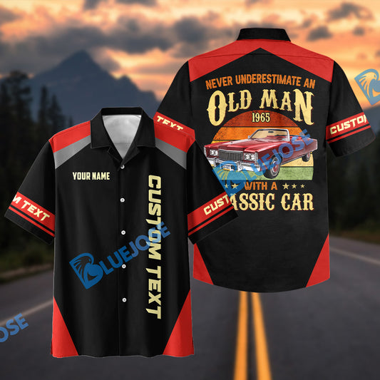 BlueJose Custom Photo Personalized Never Underestimate an Old Man Born in 1965 with a Classic Car Hawaiian Shirt