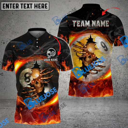 BlueJose Billiards Ball 8 And 9 Fire Skull Crack Personalized Name, Team Name Unisex Shirt ( 6 Colors )