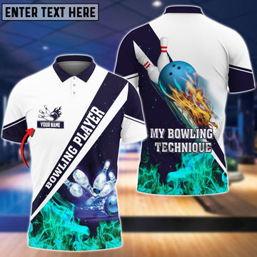 BlueJose My Bowling Technique Cyan Flame Pattern Premium Customized Name 3D Shirt