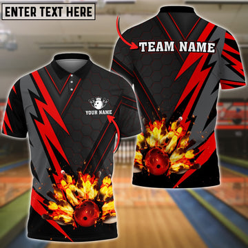 BlueJose Bowling Ball  And Pins Flame Red Thunder Pattern Premium Customized Name 3D Shirt