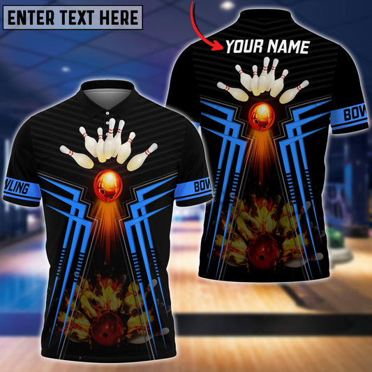 BlueJose Blue Bowling Ball  And Pins Flame Premium Customized Name 3D Shirt
