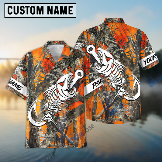 BlueJose Orange Camo Fish Hook Skull Custom Name 3D Shirt