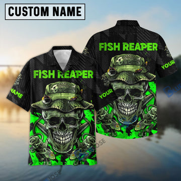 BlueJose Halloween Fish Reaper Skull Black And Neon Green Custom Fishing 3D Shirt