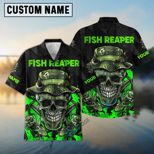 BlueJose Halloween Fish Reaper Skull Black And Neon Green Custom Fishing 3D Shirt