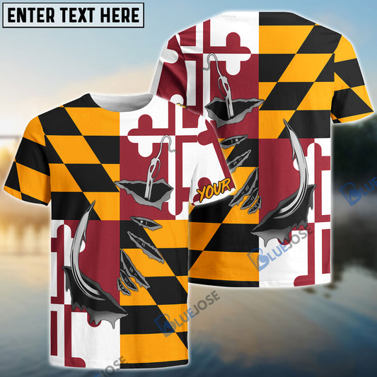 Bluejose Maryland Flag 3D Fish Hook   Custom Long Sleeve Performance Fishing Shirts
