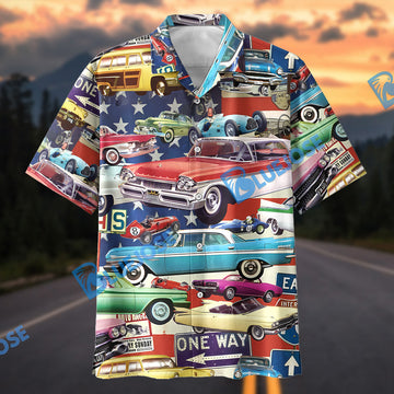 Bluejose American Vintage Classic Car Collage Street Sign Hawaiian Shirt
