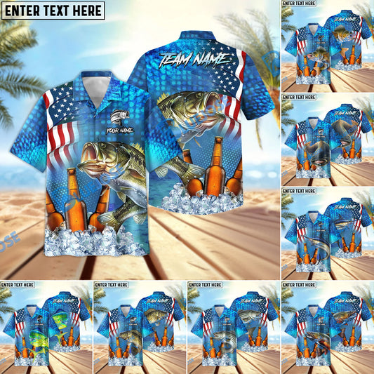 BlueJose Fishing Beer USA Flag Personalized Hawaiian Shirt (12 Fish Species)