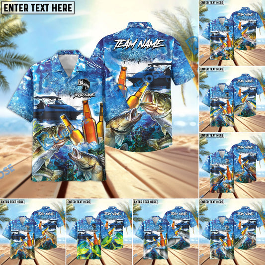 BlueJose Fishing Boat Blue Beer Personalized Hawaiian Shirt (12 Fish Species)