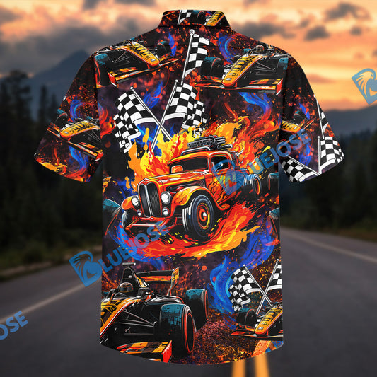 Bluejose Hot Rod Formula Racing Car Fire Checkered Flag Hawaiian Shirt