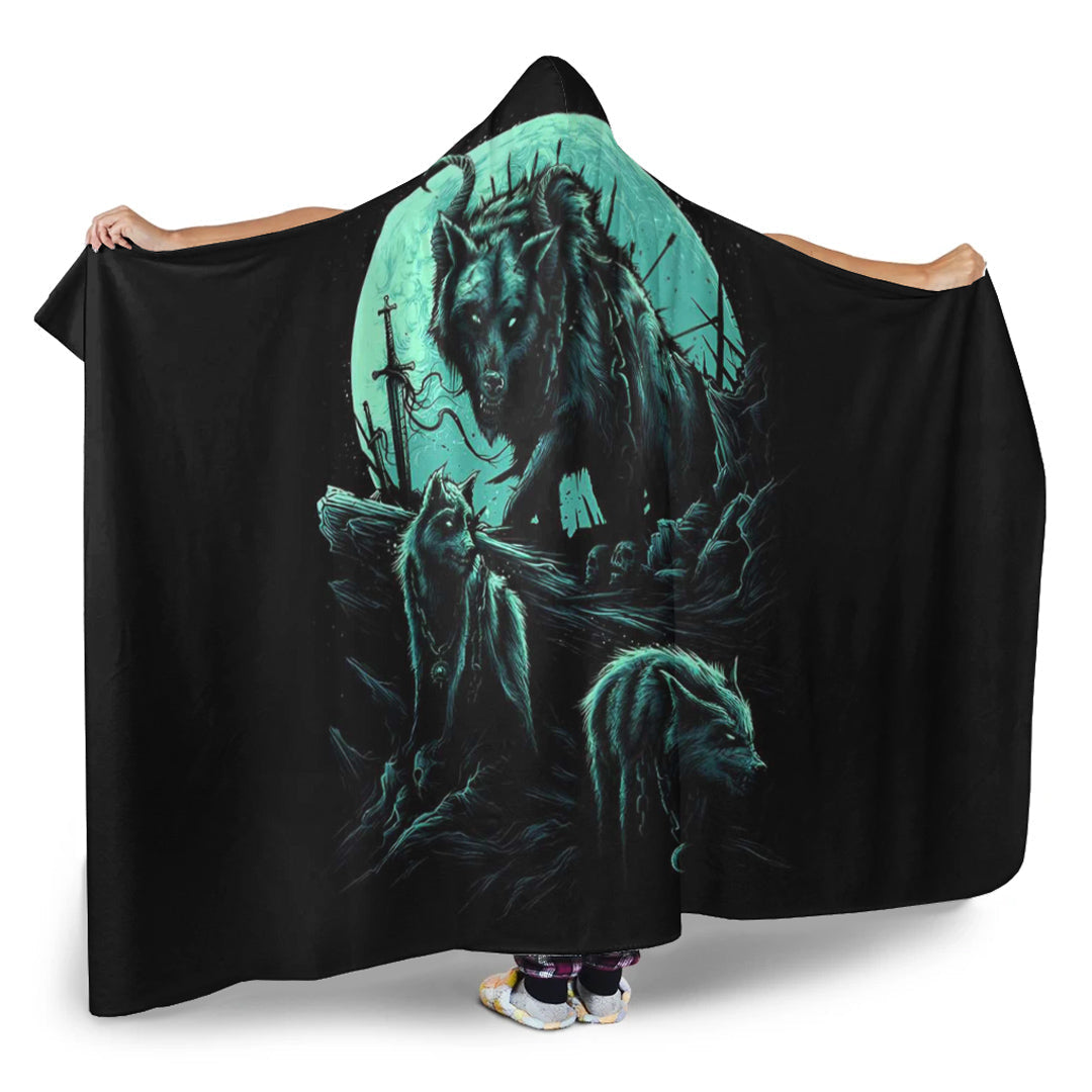 VikingStyle Hooded Blanket - Fenrir Wolf and Moon Hooded Blanket A35