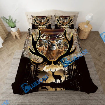Bluejose Deer Hunting Grass Brown Camo Couple Sunset Pattern Bedding Set 3D All Over Printed
