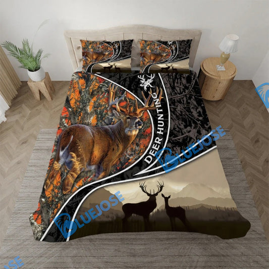 Bluejose Deer Hunting Leather Happy Couple Deer Pattern Bedding Set 3D All Over Printed