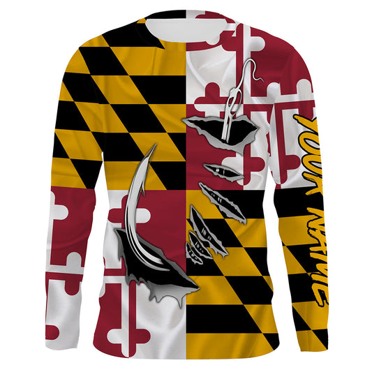 Bluejose Maryland Flag 3D Fish Hook   Custom Long Sleeve Performance Fishing Shirts