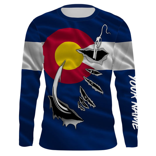 Bluejose Co Fishing 3D Fish Hook Colorado Flag   Quick Dry Customize Name Long Sleeves Shirts  Personalized  Gift For Fishing Lovers