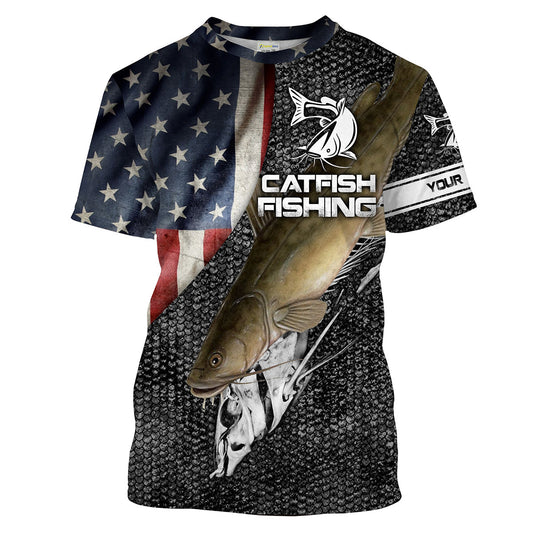 Bluejose Flathead Catfish Fishing American Flag Patriotic Custom Name 3D Shirts