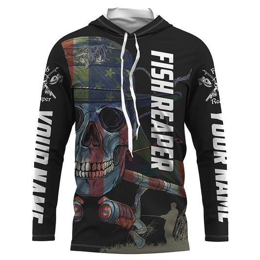 BlueJose Halloween American Flag Fish Skull Reaper Fishing Custom Name Long Sleeve Fishing Shirts