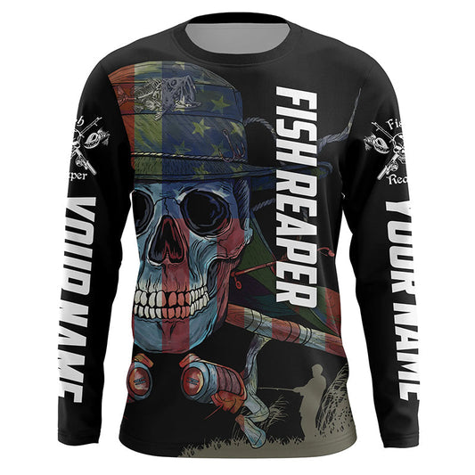 BlueJose Halloween American Flag Fish Skull Reaper Fishing Custom Name Long Sleeve Fishing Shirts