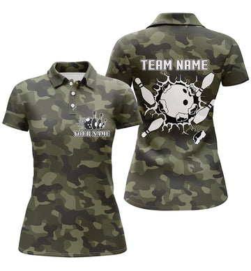 BlueJose Bowling Ball And Pins Green Camo Premium Customized Name 3D Shirt For Women
