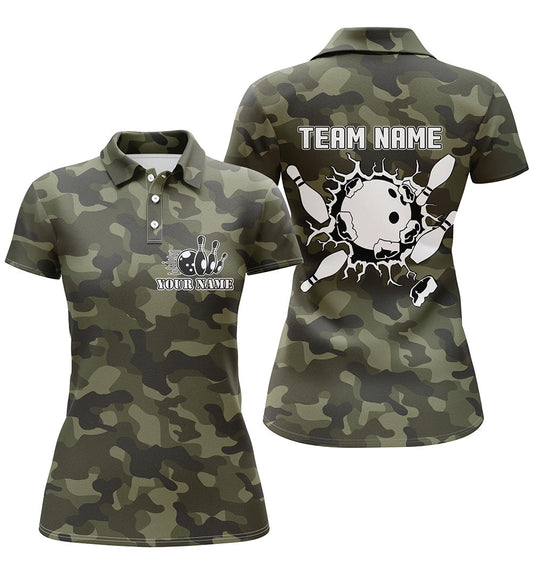 BlueJose Bowling Ball And Pins Green Camo Premium Customized Name 3D Shirt For Women