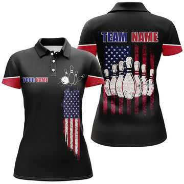 BlueJose Bowling Black American Flag Customized Name All Over Printed Shirt For Women