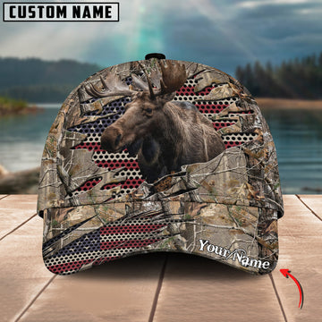 BlueJose Moose Hunting American Flag Camo Crack Personalized Cap (2 Colors)