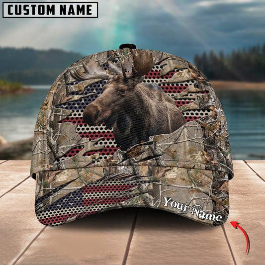 BlueJose Moose Hunting American Flag Camo Crack Personalized Cap (2 Colors)