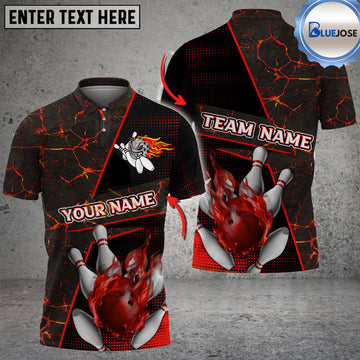 BlueJose Bowling And Pins Flame Magma Pattern Customized Name 3D Shirt (4 Colors)