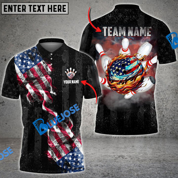 BlueJose Bowling Amrican Flag Retro Smoke 3 Customized Name, Team Name 3D Shirt