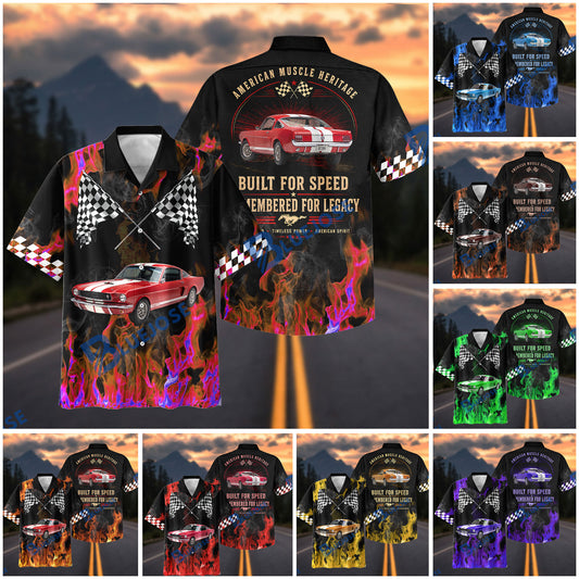 BlueJose Custom Photo Personalized Car "American Muscle Heritage" Flames Mustang Hawaiian Shirt