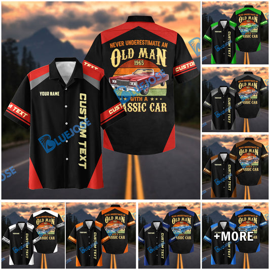 BlueJose Custom Photo Personalized Never Underestimate an Old Man Born in 1965 with a Classic Car Hawaiian Shirt