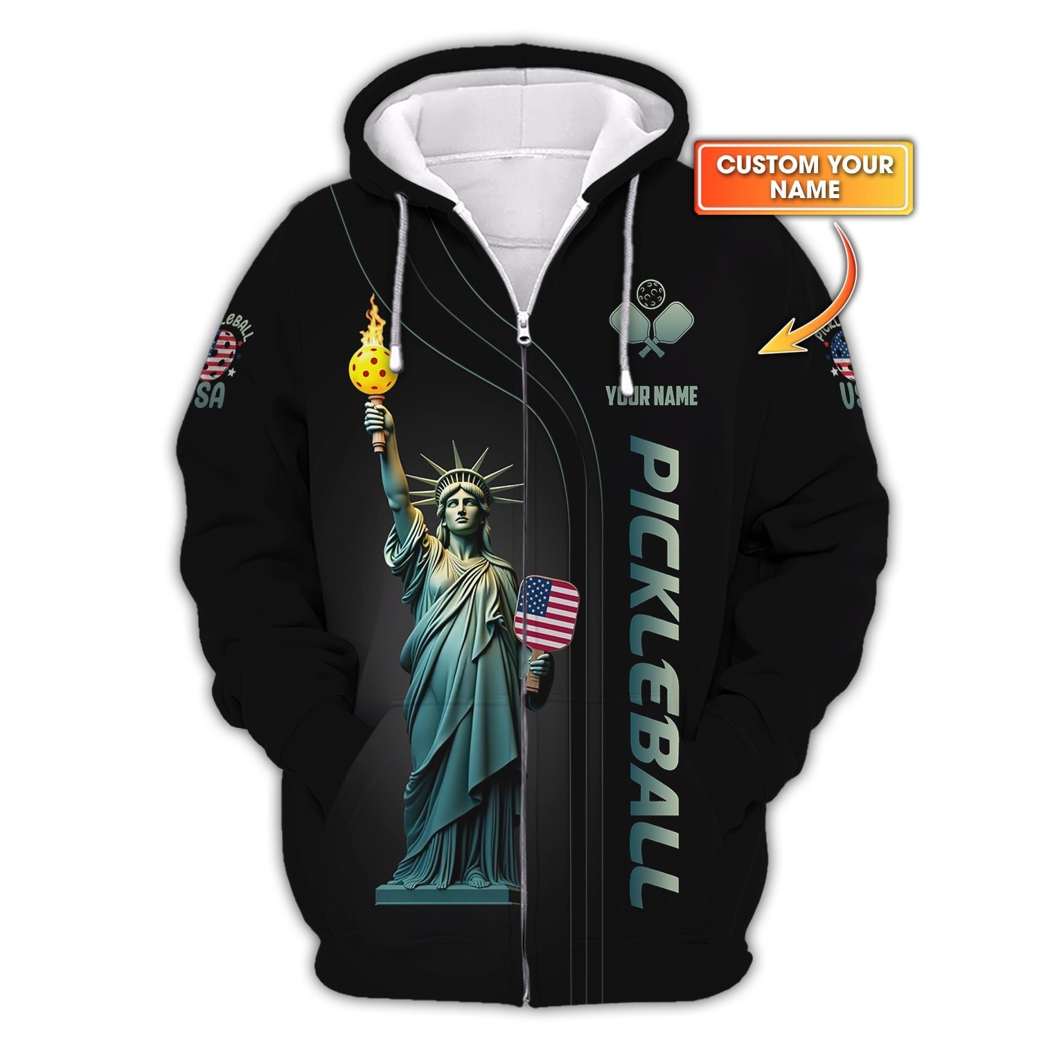 Custom USA Pickleball Shirt – Statue of Liberty Design with Paddle & Ball – Patriotic Pickleball Apparel for Men & Women