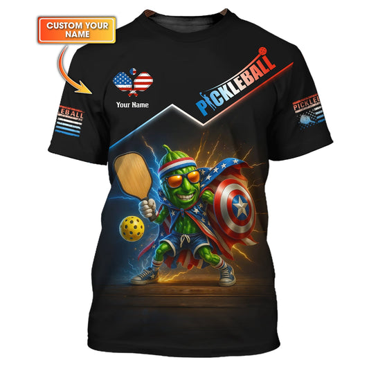 Custom Name Pickleball Shirt – USA Flag Pickle Hero Design – Funny Patriotic Tee for Players