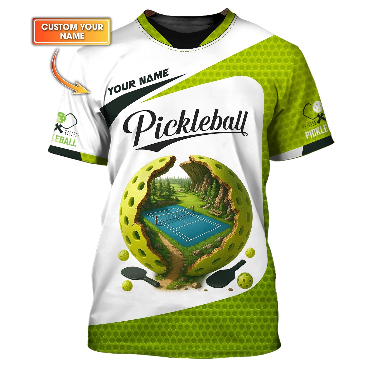 Custom Pickleball Shirt – Green White Fantasy Court Design – Personalized Tee for Outdoor Players & Fans