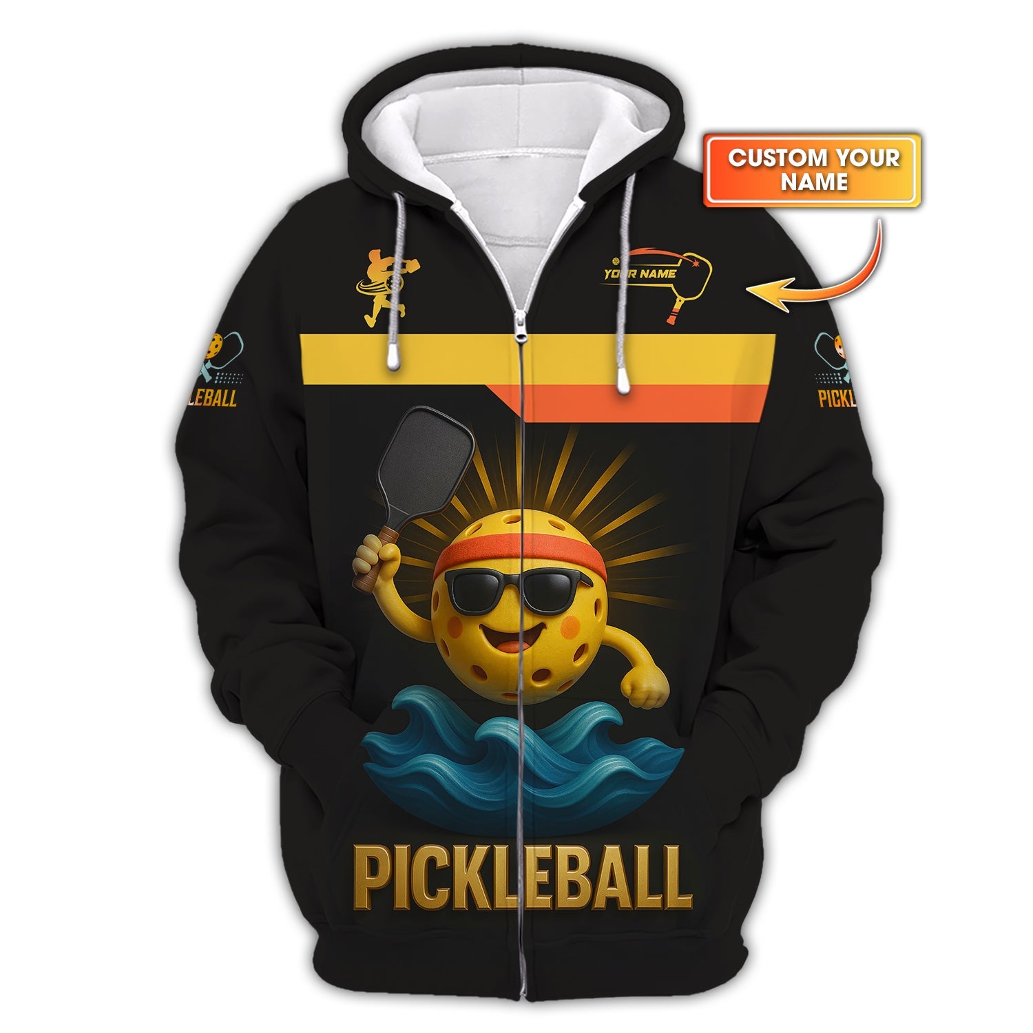 Custom Pickleball Shirt – Cool Ball in Sunglasses – Black Gold Funny Paddle Tee