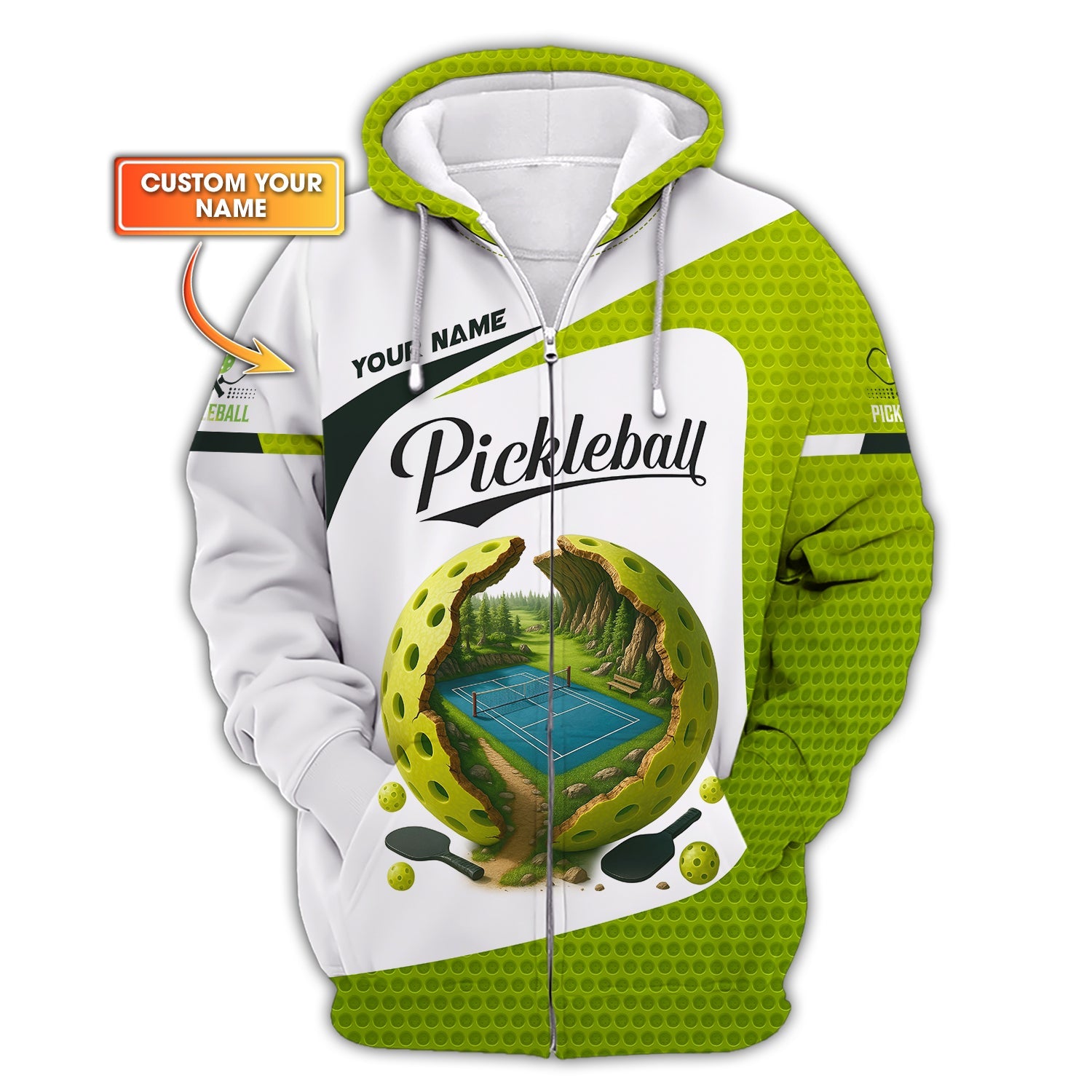 Custom Pickleball Shirt – Green White Fantasy Court Design – Personalized Tee for Outdoor Players & Fans
