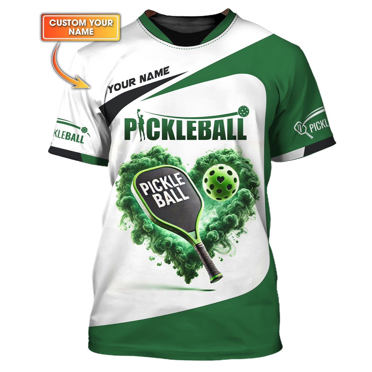Custom Pickleball Player Personalized Name 3D Greenheart T-Shirts, Pickleball Polo Shirt, Gift For Pickleball Player