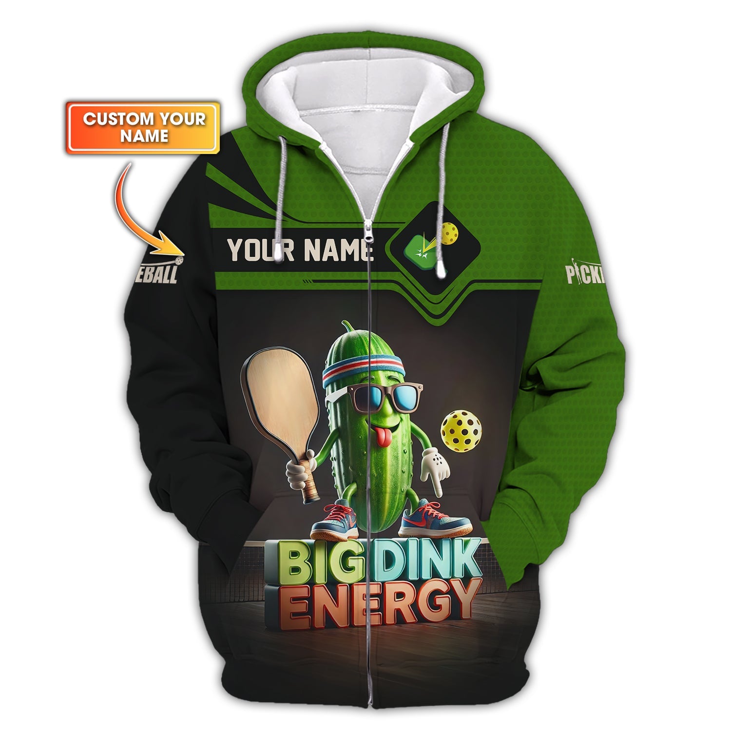 Funny Pickleball Shirt – Big Dink Energy Design – Cool Pickle Character – Custom Name Tee