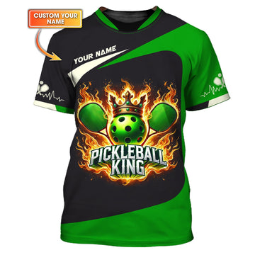 Custom Pickleball King Fire, Player Personalized Name 3D T-Shirts, Pickleball Polo Shirt, Gift For Pickleball Player