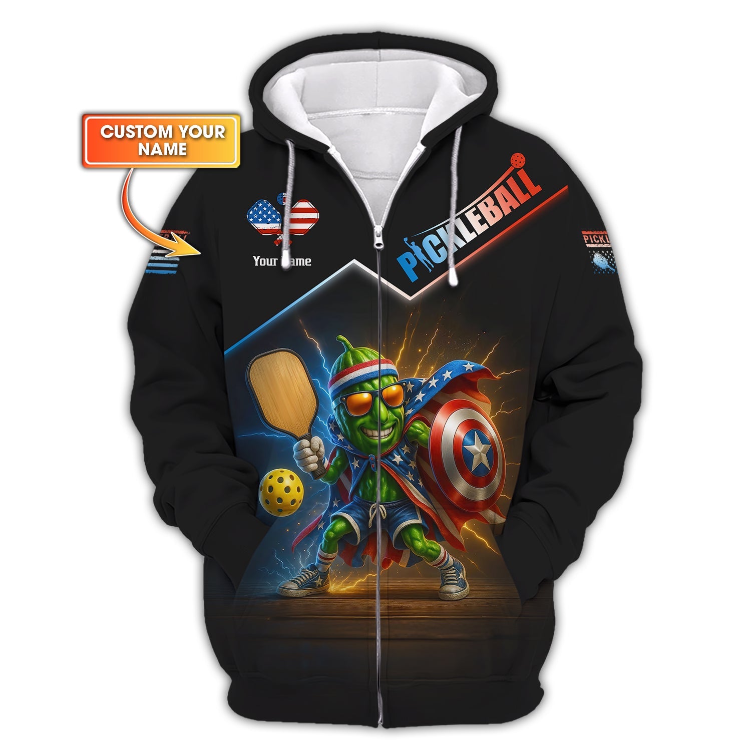 Custom Name Pickleball Shirt – USA Flag Pickle Hero Design – Funny Patriotic Tee for Players