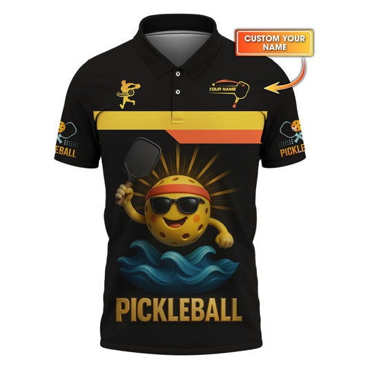 Custom Pickleball Shirt – Cool Ball in Sunglasses – Black Gold Funny Paddle Tee