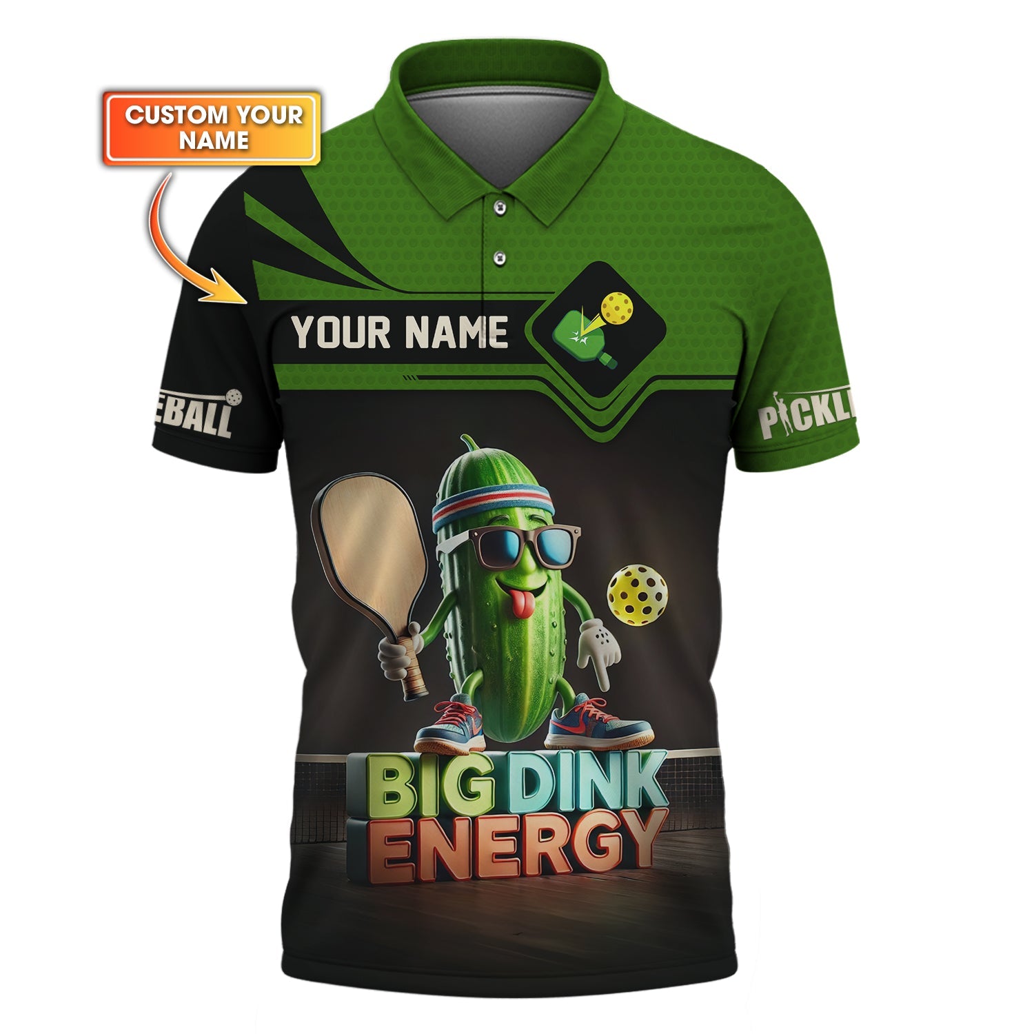 Funny Pickleball Shirt – Big Dink Energy Design – Cool Pickle Character – Custom Name Tee