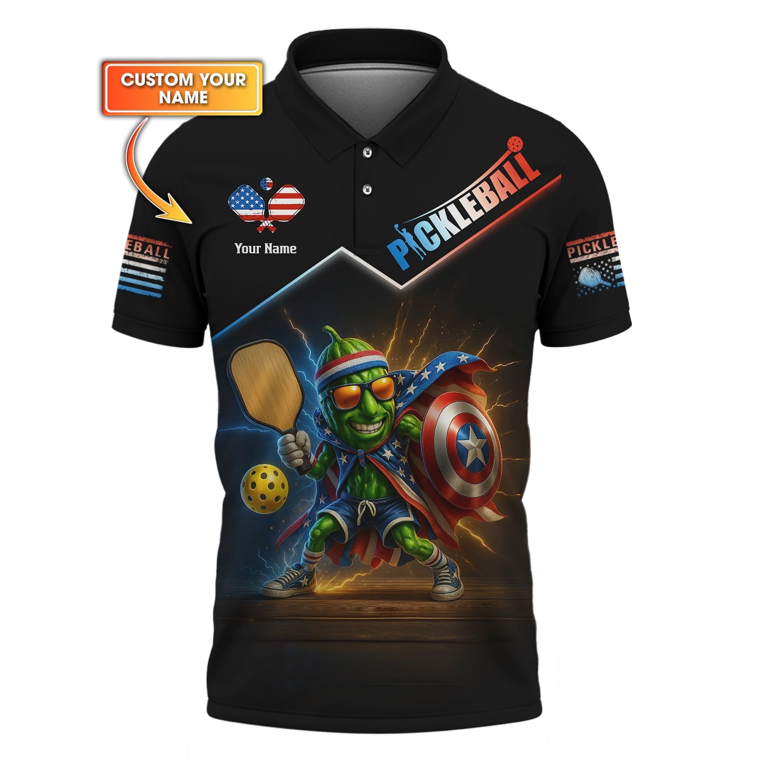 Custom Name Pickleball Shirt – USA Flag Pickle Hero Design – Funny Patriotic Tee for Players