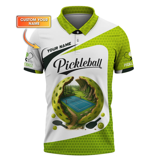 Custom Pickleball Shirt – Green White Fantasy Court Design – Personalized Tee for Outdoor Players & Fans