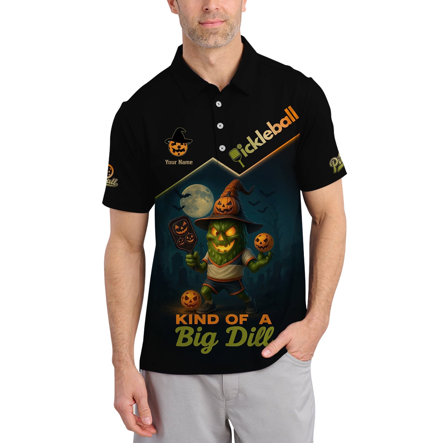 Custom Name Funny Pickleball T-Shirts, Halloween Pickleball Shirt, Kind Of A Big Dill Polos, Gift For Pickleball Lovers