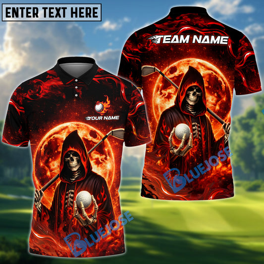 BlueJose Midnight Moon Grim Reaper Golf Polo Shirt, Customized Name & Team Name 3D Shirts (4 Colors)