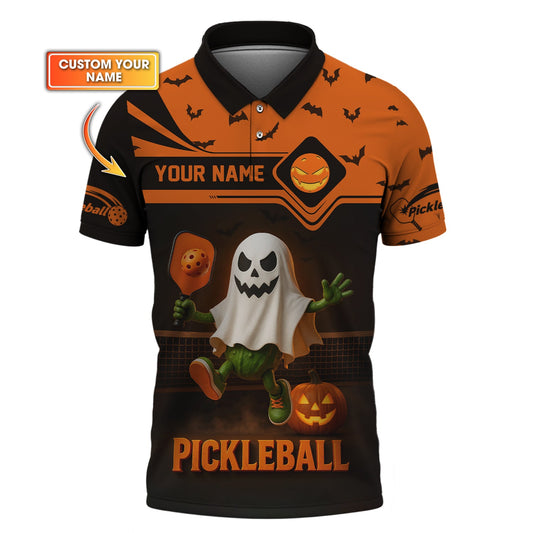 Custom Name Funny Pickleball Shirts, Ghost Pickleball Polos, Halloween Pickleball Shirt For Players