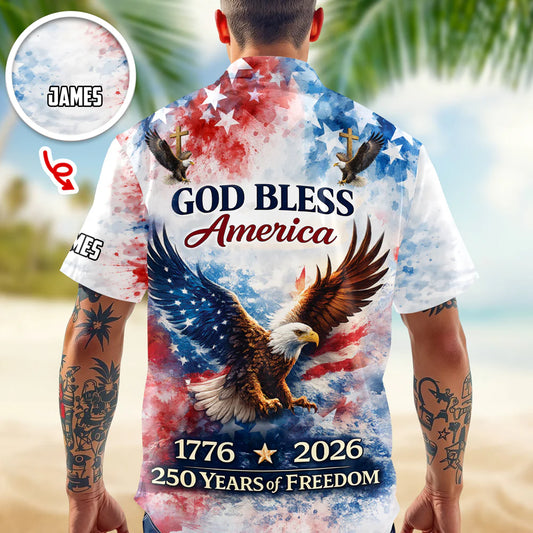 BlueJose Custom Name Patriotic 250th Anniversary God Bless America Eagle 1776–2026 Hawaii Shirt