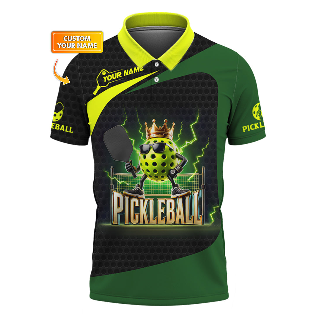 Custom Pickleball Shirt – Black Green Electric King Ball Design – Personalized Tee for Players & Champs