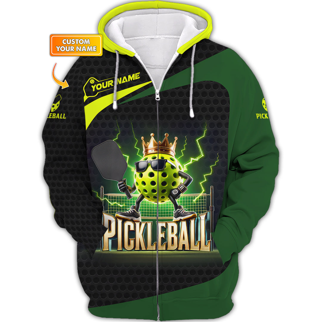 Custom Pickleball Shirt – Black Green Electric King Ball Design – Personalized Tee for Players & Champs