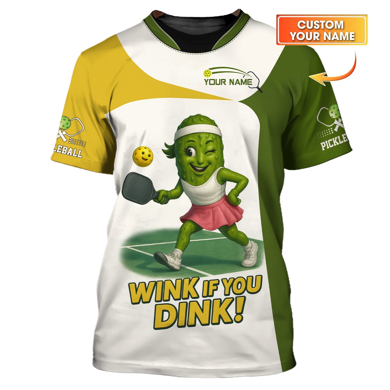 Funny Pickleball Shirt – Wink If You Dink Quote -Custom Name Tee with Cute Pickle Character